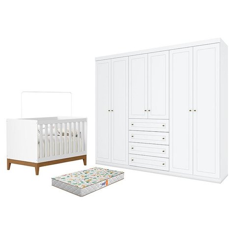 Berço Americano Flip Branco Acetinado Reller e Guarda Roupa Casal Americano 6 Portas Branco Hp e Col
