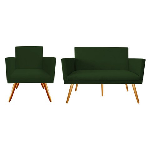 Kit Namoradeira + 1 Poltrona Decorativa Nina Suede Verde Pés Madeira Ms Decor