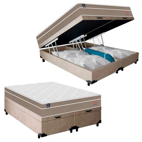 Cama Box Baú Casal Bipartido Suede + Colchão Lis Molas Ensacadas Plumatex 138cm – Suporta até 120 Kg