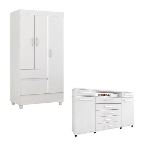 Cômoda London e Guarda Roupa Solteiro Wind Branco Flex - Demóbile