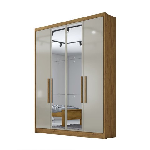Guarda Roupa Solteiro com Espelho 4 Portas 3 Gavetas - Moderni -Cumaru/Fendi - Móveis Novo Horizonte