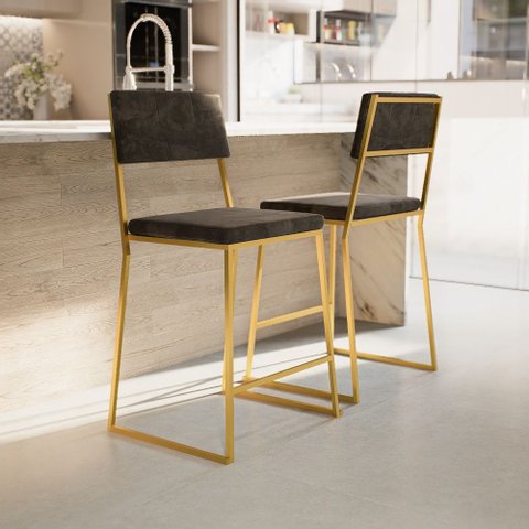 Kit 4 Banquetas Média Balcão Estofada com Encosto Dourada Suede Dubai
