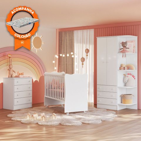 Conjunto para Quarto de Bebê Completo Berço com Colchão Cômoda e Roupeiro Doce Sonho Branco Qmovi