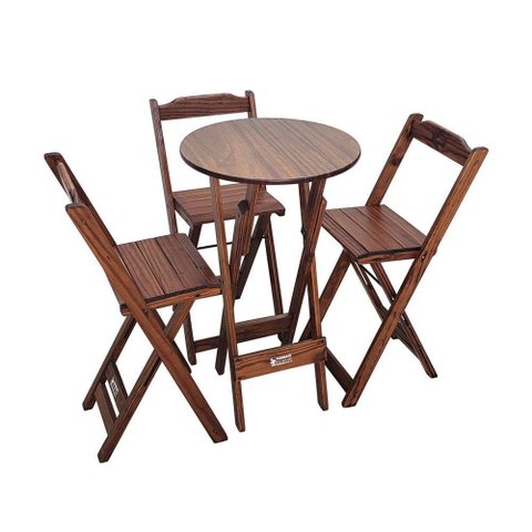 Conjunto Bistrô Mesa Dobrável de Madeira Redonda com 3 Banquetas Imbuia - Cor: Marrom