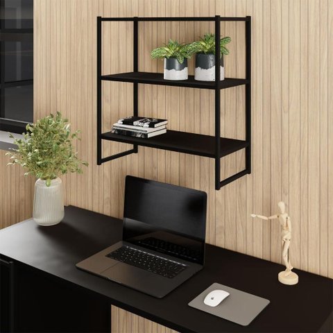 Nicho Parede Industrial 3 Prateleiras MDF MDP Preto F5 Office
