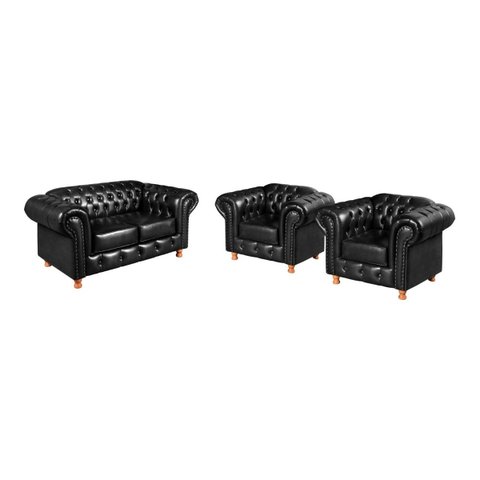 Conjunto De Sofá Luís Xv 2 Lugares + 2 Poltronas Chesterfield Capitonê - Couríssimo Preto