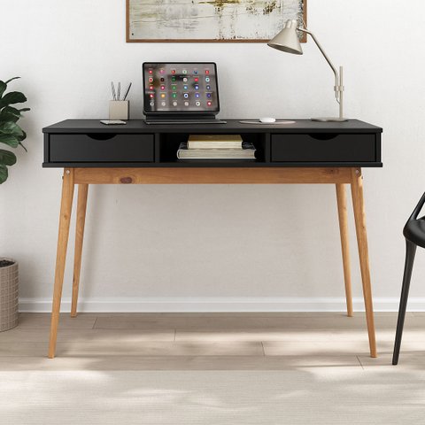 Mesa Escritório Preto Madeirado Retro 2 Gavetas 1 Nicho Stefano Idimex