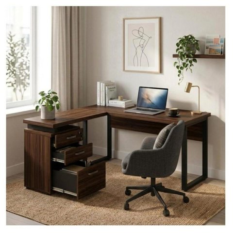 Mesa Escritório em “L” c/ Gaveteiro 1,50×1,50m Marsala/Preto - 34440