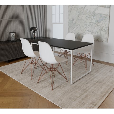 Mesa Industrial Base Ferro Branco Tampo 137x90 Preto 4 Cadeiras Eames Ferro Cobre Assento Branco
