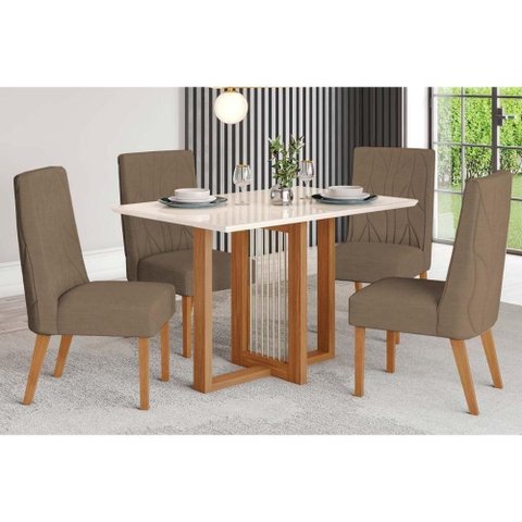 Conjunto: Mesa de Cozinha Natalí C/ Tampo Madeirado C/ Vidro Reto 120x80cm e 4 Cadeiras Eloa Nature