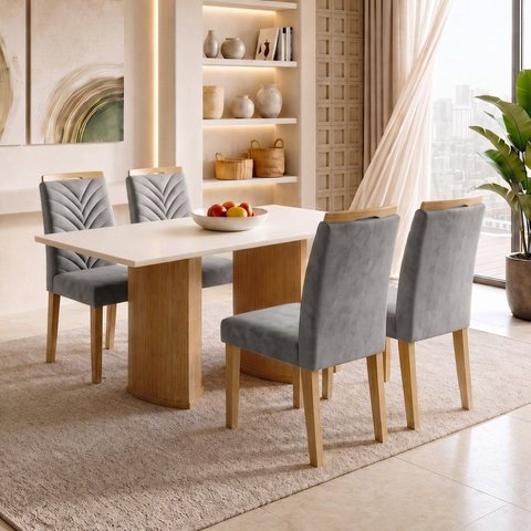 Conjunto de Mesa de Jantar 4 Lugares Isla e Carol MDF Cinamomo Off White e Cinza
