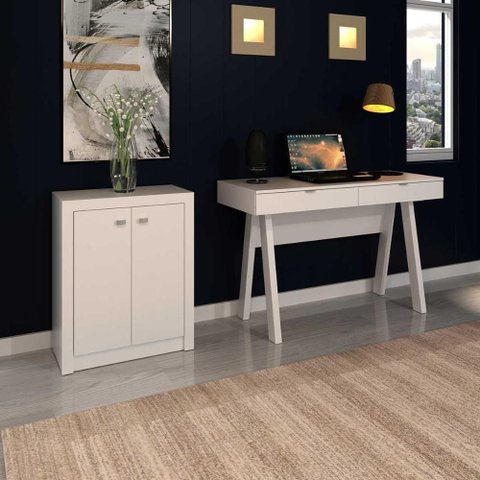 Kit para Escritório Mesa 2 Gavetas Balcão 2 Portas MDP Branco Tecno Mobili