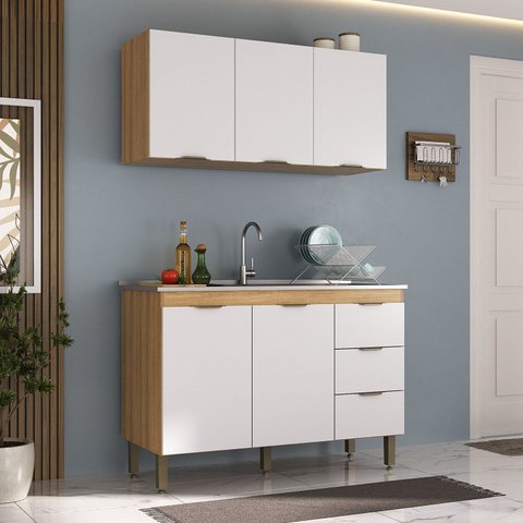 Cozinha Compacta 2 Peças Balcão e Aéreo 120cm Marrom/Lamina Mel/Branco