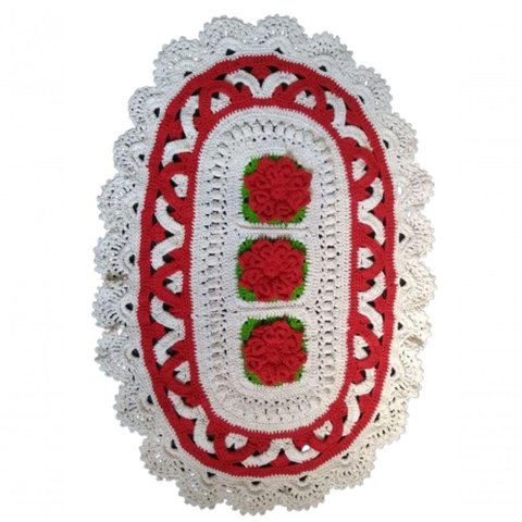Tapete de Crochê Oval 3 Flores Artesanal