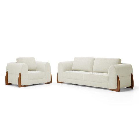 Kit Poltrona e Sofá Bloom 180cm 02 Lugares com Pés de Madeira Bouclê Off White - Desk Design