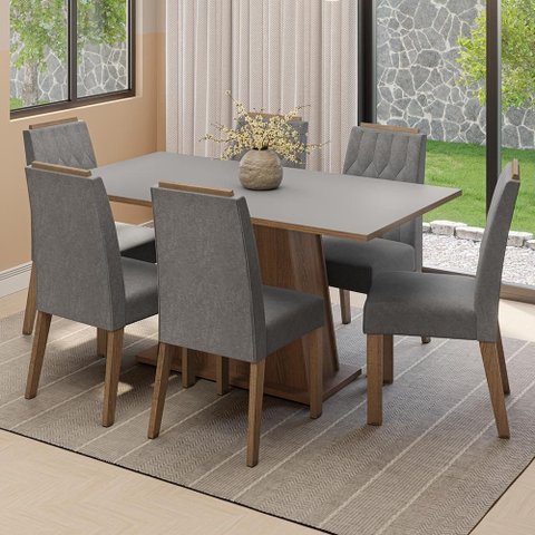 Conjunto Sala de Jantar Tampo de Madeira 6 Cadeiras Rustic/Cinza/Silver Cedro Madesa