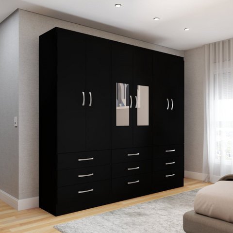 Guarda-roupa Casal Madri 6 Portas 9 Gavetas com Espelho Preto - Panorama Móveis