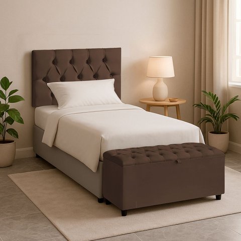 Cabeceira Solteiro Paris Estofada Painel com Recamier Baú 80cm para Cama Box Marrom - Arkell