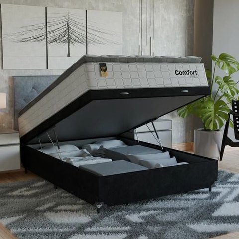 Cama Box Baú Viúva + Colchão Comfort Class Pillow Top Branco/suede Preto