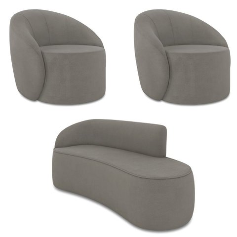 Sofá 3 Lugares Orgânico 180cm Morgan e 2 Poltronas Lua Suede Grafite D03 - D’Rossi