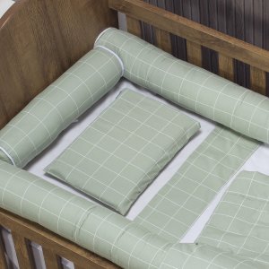 Kit Protetor de Berço 100% Algodão Percal 200 Fios Rolinho Moderninhos 08 Peças:grid Verde