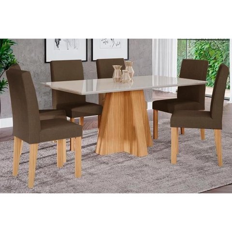 Conjunto: Mesa Sala Jantar Patricia C/ Tampo Madeirado C/ Vidro Canto Reto 160x80m e 6 Cadeiras Maia