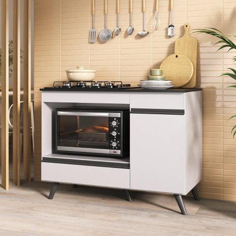 Balcão para Cooktop e Forno 105cm 1 Porta 1 Gaveta Veneza Multimóveis Mp2258 - Branco/preto