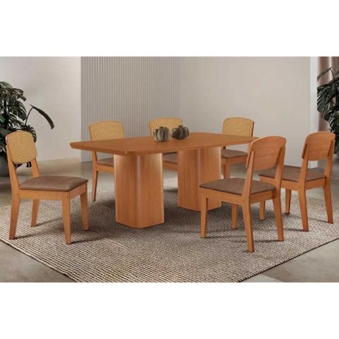 Sala de Jantar Completa Maldivas C/ Tampo Madeirado Canto Curvo 180x90cm e 6 Cadeiras Havana Premium
