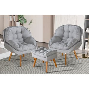 Conjunto Poltrona Sênior Linho + Puff Pés Madeira Luxuosa:linho Gelo