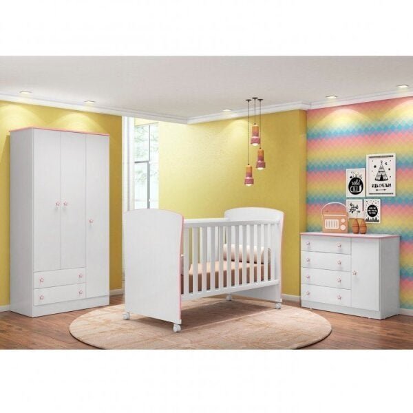 Quarto de bebê com Berço, Cômoda Sapateira, Guarda-Roupa e Kit 4 Rodízios Linha Doce Sonho Qmovi Menor preço em Quarto de bebê com Berço, Cômoda Sapateira, Guarda-Roupa e Kit 4 Rodízios Linha Doce Sonho Qmovi