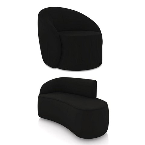 Sofá 2 Lugares Orgânico 140cm Morgan e Poltrona Lua Veludo Preto D03 - D'Rossi