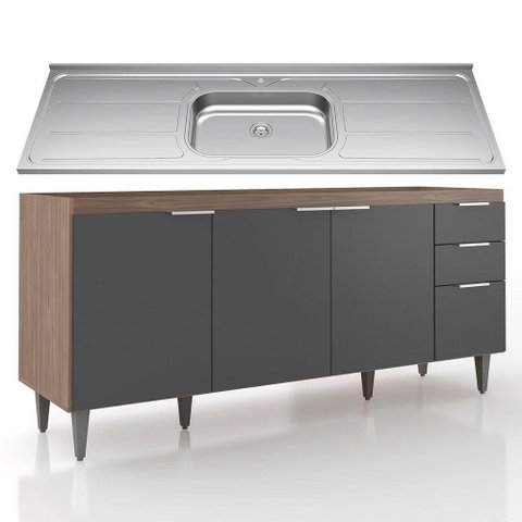 Balcão de Cozinha com Pia Inox 180cm Pérola Z34 Freijó Grafite Mpozenato