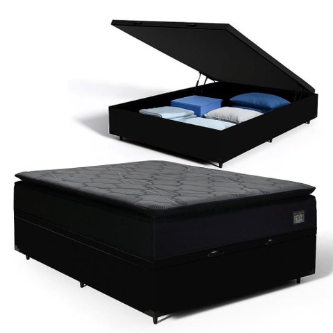 Cama Box com Baú Casal Preto + Colchão Casal D45 Espuma 138cm - Hellen