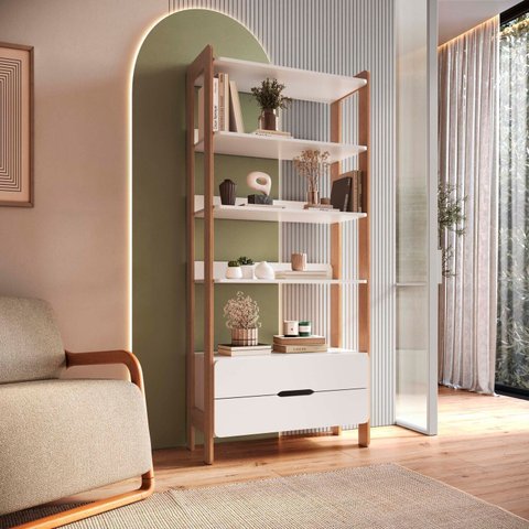 Estante de Livros 100% MDF 81CMX183CM 2 Gavetas e 4 Prateleiras Elvis Branco/Castanho