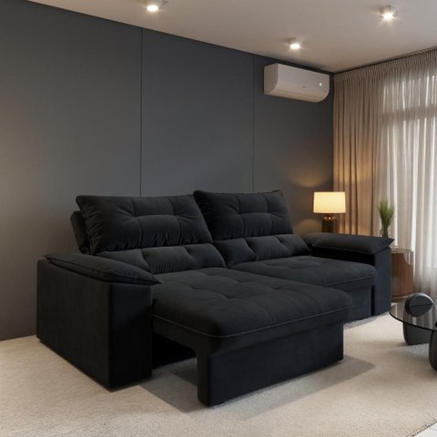 Sofá com Chaise Ravena 3 Lugares Retrátil e Reclinável 200cm Preto Suede