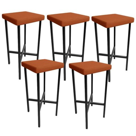 Kit 05 Banquetas Alta Bar Cozinha Sala de Jantar Preto Stella L02 Tecido Terracota - Lyam Decor