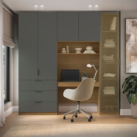 Guarda Roupa Modular 5 Portas Reflecta com Mesa Altezza Clean Belmax:Freijó/Titânio