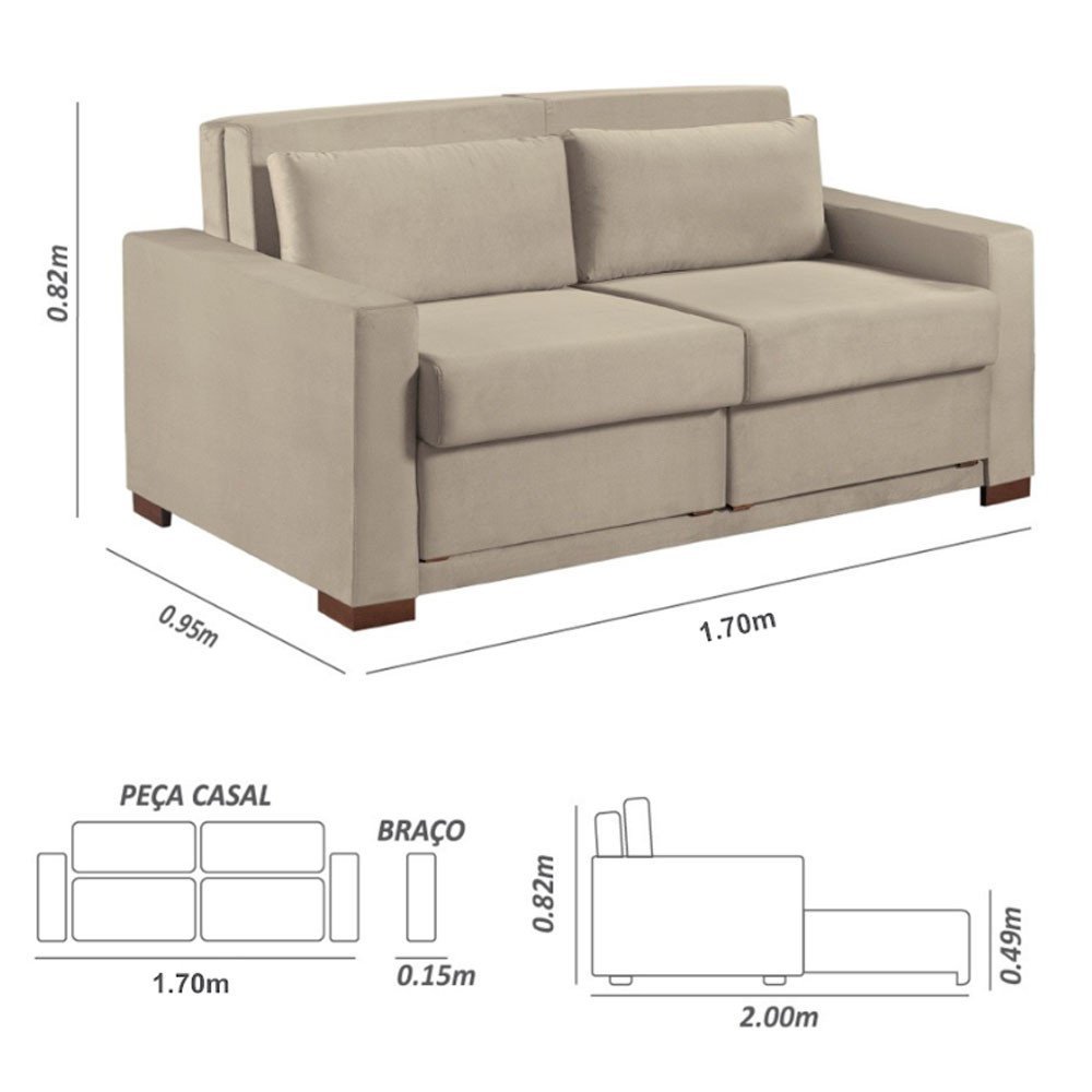 Sofa Cama Casal Sofia 2 Lugares 170cm com Pés de Madeira Talento Móveis - 5