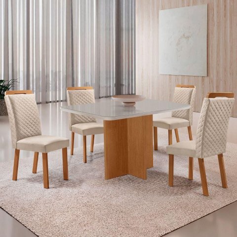 Mesa Olimpia 4 Lugares MDF com Vidro e Cadeiras Lorena Veludo Off White Moderna