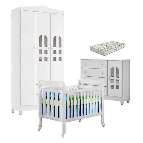 Quarto de Bebê New Selena 3 Portas com Berço Lila e Cômoda Selena Branco Brilho e Colchão Gazin – Ca