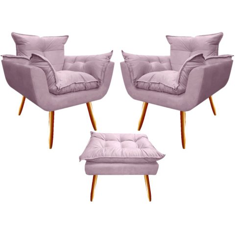 Kit 2 Poltronas + Puff Decorativo Opala Suede Rosê Pés Madeira Mz Decor
