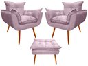 Ver imagem 1 de Kit 2 Poltronas + Puff Decorativo Opala Suede Rosê Pés Madeira Mz Decor