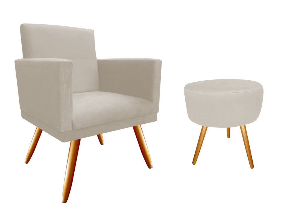 Kit Poltrona Decorativa Bia + Puff Redondo Suede Bege Pés Madeira Mz Decor - 1