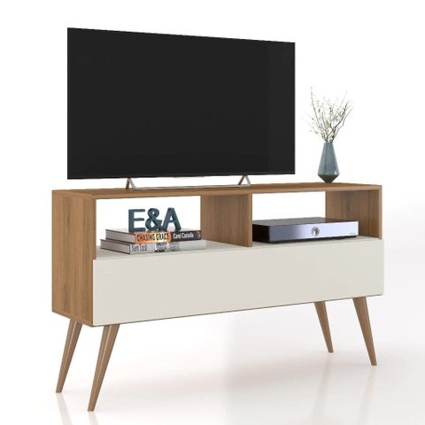Rack Bancada para TV até 43" com 1 Porta Basculante e Pés Retrô para Sala