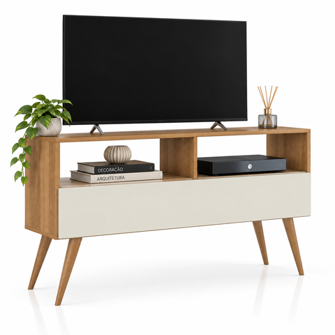 Rack Bancada para TV até 43" com 1 Porta Basculante e Pés Retrô para Sala