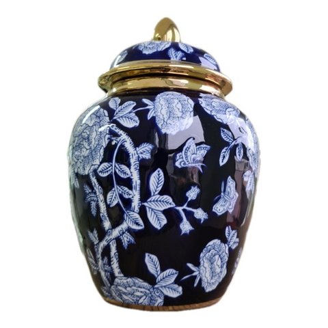 Vaso Decorativo Porcelana Azul Marinho Branco Dourado 29x19