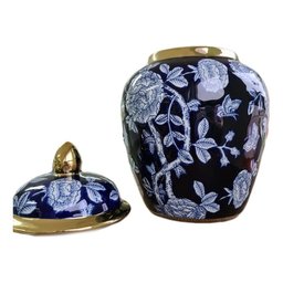 Vaso Decorativo Porcelana Azul Marinho Branco Dourado 29x19 - 3