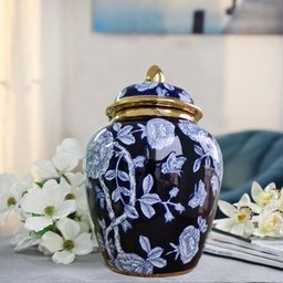 Vaso Decorativo Porcelana Azul Marinho Branco Dourado 29x19 - 2