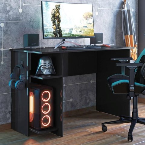 Mesa Gamer Retangular Mesa Gamer com Suporte de Fone Zalie MDF MDP 114cm Preto Qmovi