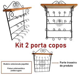 kit 2 suporte porta copos cozinha ferro madeira artesanato mineiro - 2